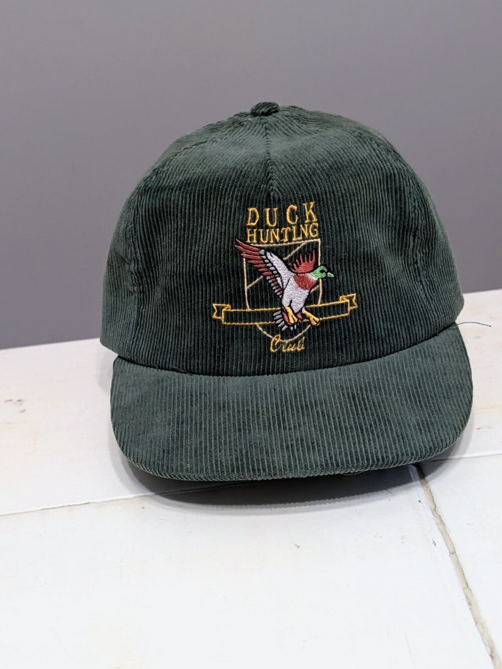 VTG 80s Duck Hunting Club Corduroy Snapback Hat Green Trucker USA Farmer Retro